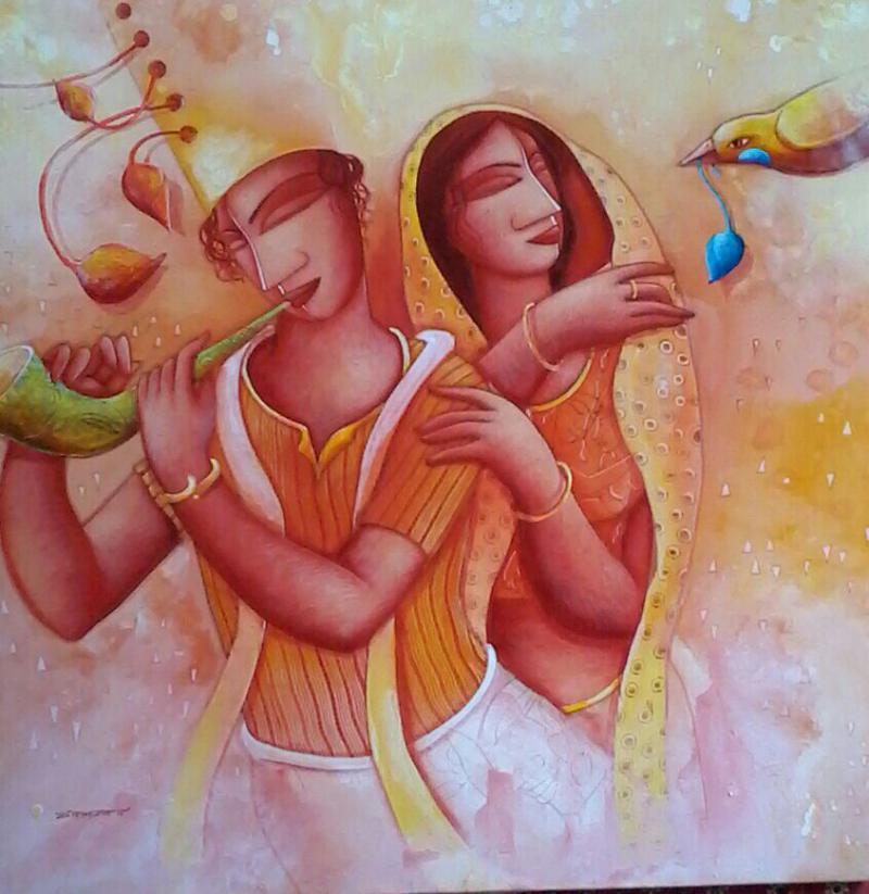 Figurative acrylic painting titled 'Gift of Love', 30x30 inches, by artist Samir Sarkar on Canvas