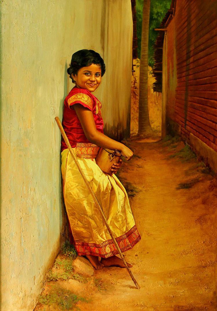Figurative oil painting titled 'Girl', 24x17 inches, by artist S Elayaraja on Canvas