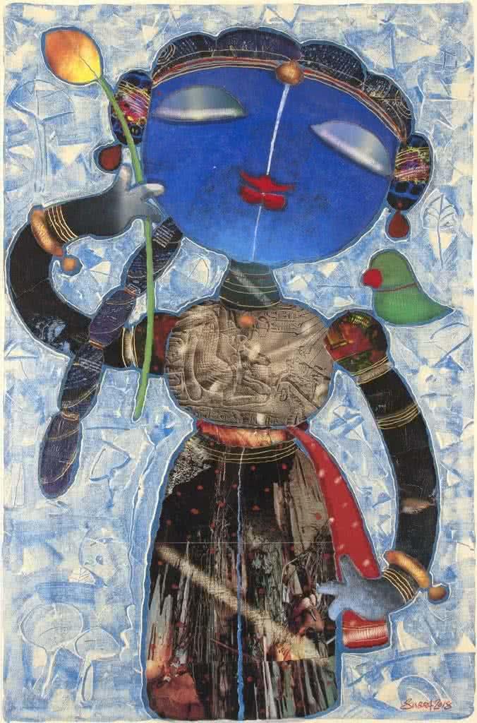 Figurative mixed media painting titled 'Girl With Flower', 36x24 inches, by artist G Subramanian on Canvas