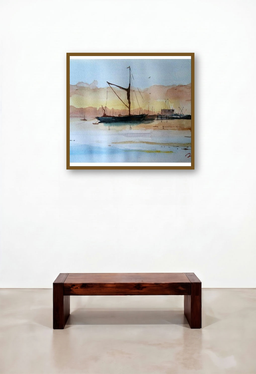 Goa Beach (Golden Hour Anchorage) by artist Arunava Ray displayed in a Classic Hotel Lobby