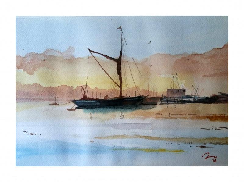 Cityscape watercolor painting titled 'Goa Beach', 7x11 inches, by artist Arunava Ray on Paper
