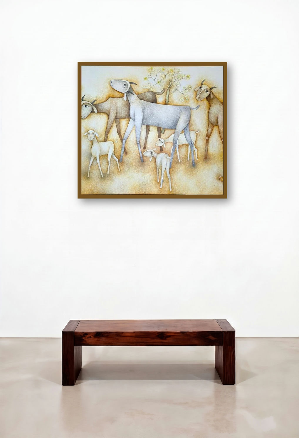 Goat (A Goat Family) by artist Mohan Naik displayed in a Minimalist Foyer