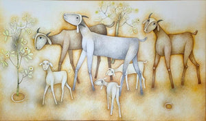Animals oil painting titled 'Goat', 32x54 inches, by artist Mohan Naik on Canvas