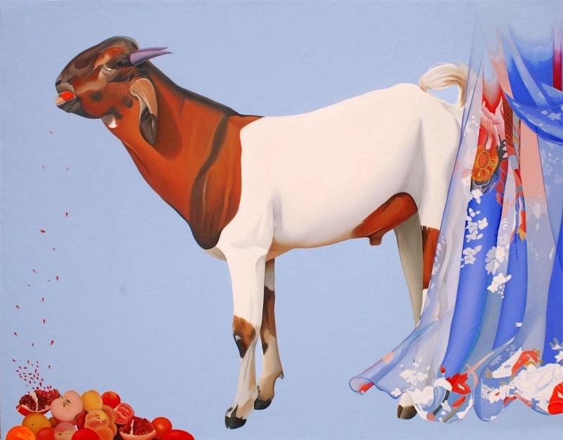 Animals oil painting titled 'Goat', 38x49 inches, by artist Feroz Khan on Canvas