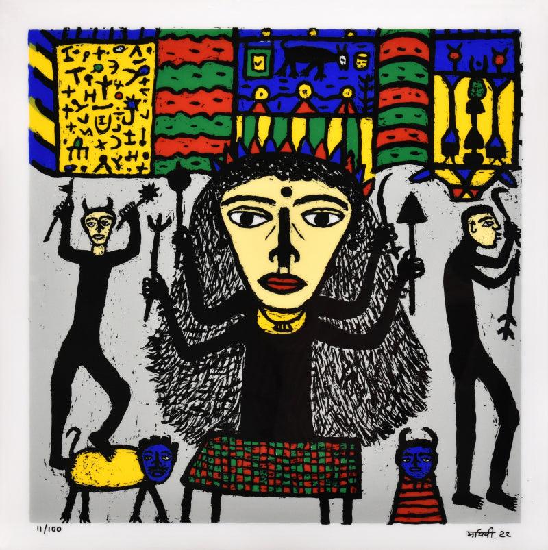 Religious reverse serigraph painting titled 'Goddess', 24x24 inches, by artist Madhvi Parekh on Acrylic