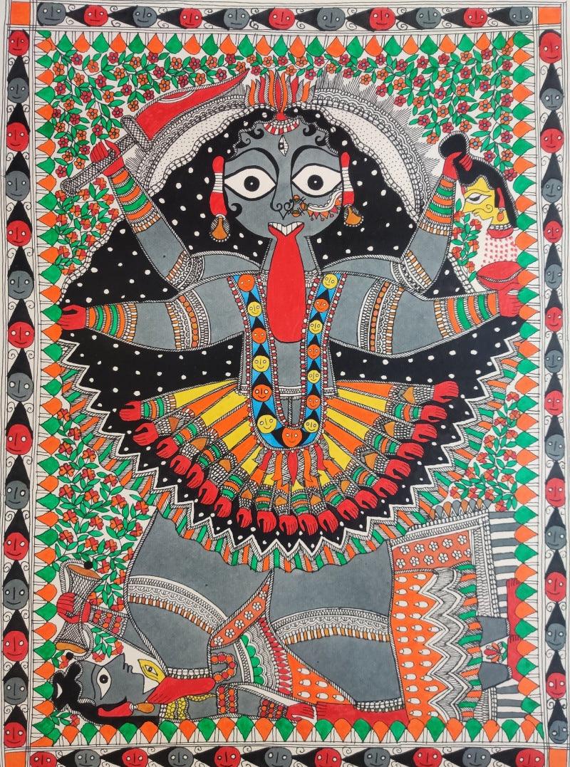 Religious madhubani traditional art titled 'Goddess Kali', 30x22 inches, by artist Mithilesh Jha on Paper