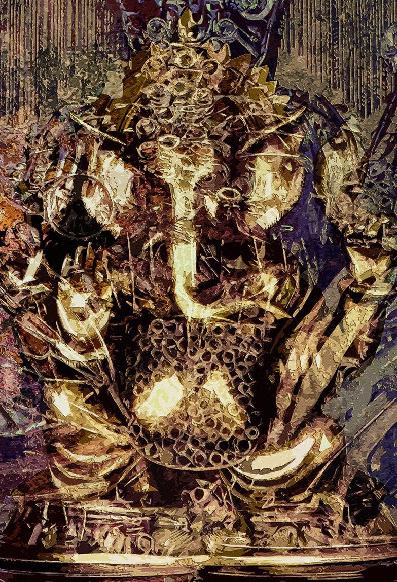 Religious mixed media painting titled 'Golden Ganesha', 45x32 inches, by artist Anil Kumar on Canvas