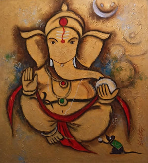 Religious acrylic painting titled 'Golden Ganesha', 36x33 inches, by artist Bala Bhakta Raju on Canvas