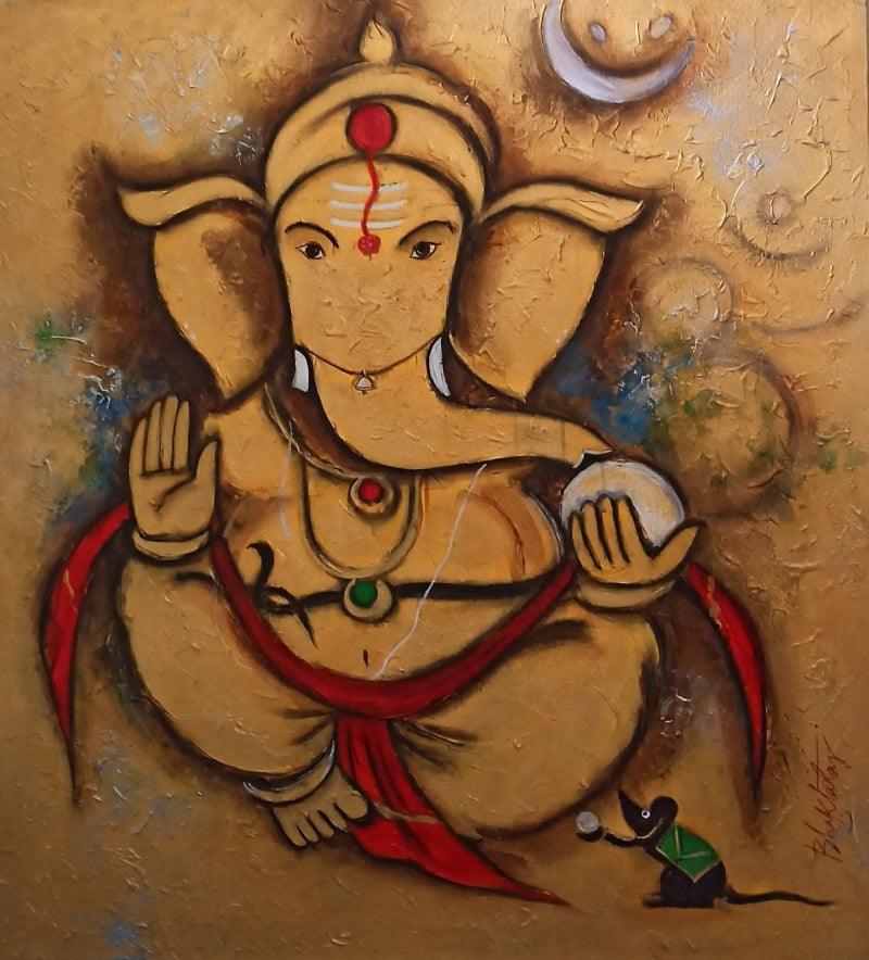 Religious acrylic painting titled 'Golden Ganesha', 36x33 inches, by artist Bala Bhakta Raju on Canvas