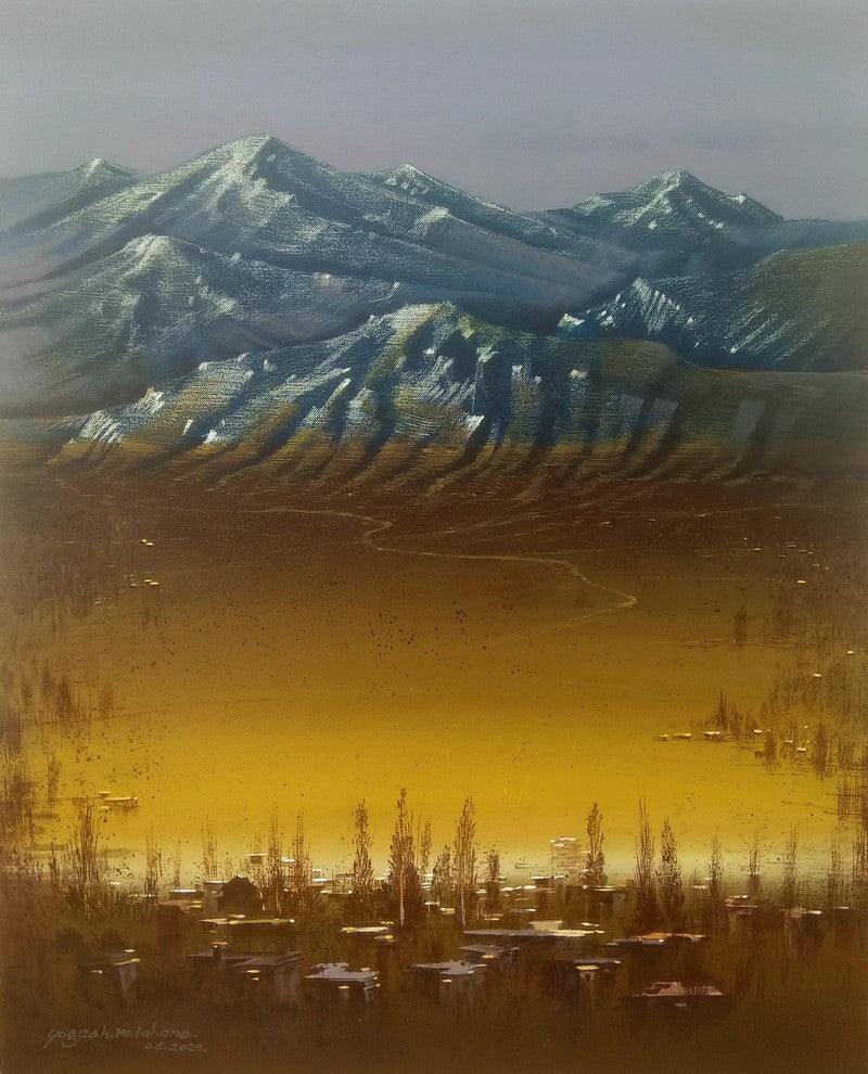 Landscape acrylic painting titled 'Golden Light', 30x24 inches, by artist Yogesh Lahane on Canvas
