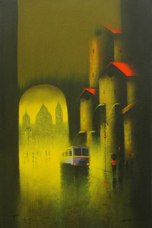 Cityscape charcoal painting titled 'Golden Night', 24x36 inches, by artist Somnath Bothe on Canvas