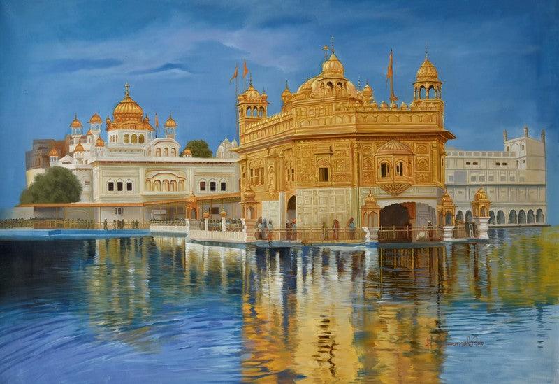 Religious oil painting titled 'Golden Temple', 36x51 inches, by artist Kamal Rao on Canvas