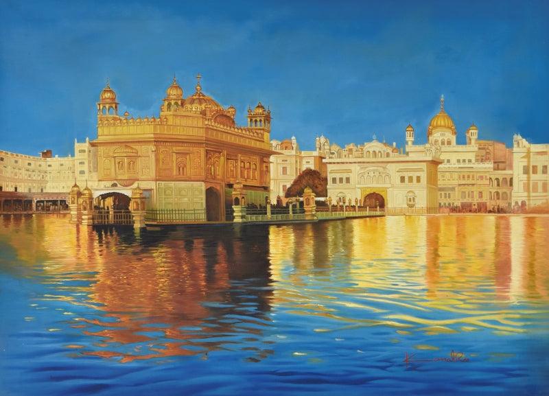 Religious oil painting titled 'Golden Temple', 51x36 inches, by artist Kamal Rao on Canvas
