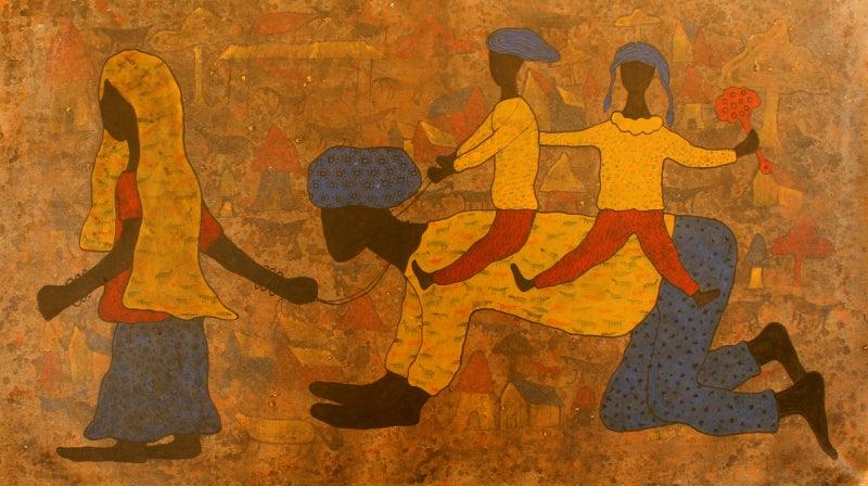 Figurative acrylic painting titled 'Golden memories', 30x54 inches, by artist Lakhan Singh Jat on Canvas