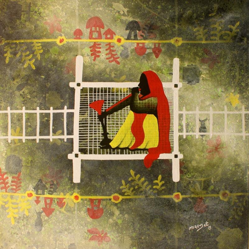 Figurative acrylic painting titled 'Golden memories', 30x30 inches, by artist Lakhan Singh Jat on Canvas