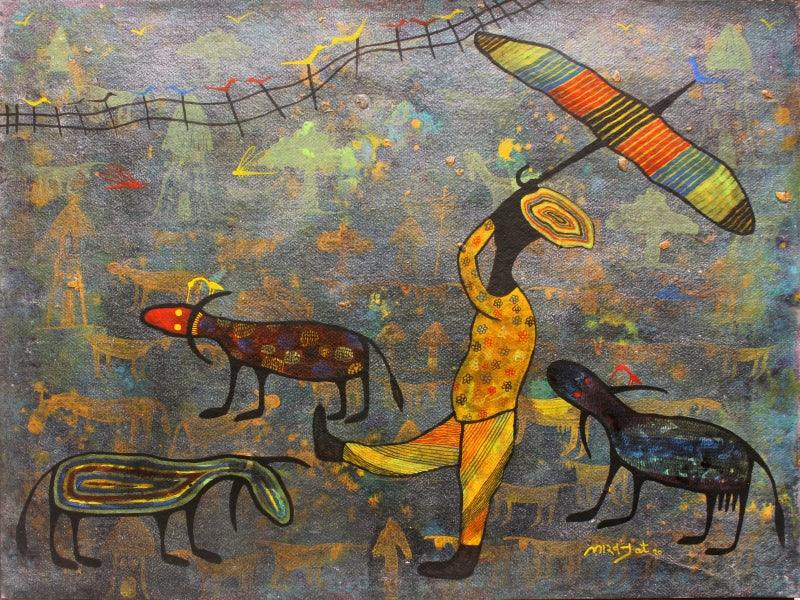 Figurative acrylic painting titled 'Golden memories', 22x28 inches, by artist Lakhan Singh Jat on Paper