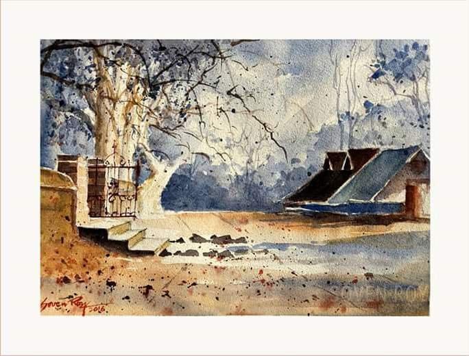 Landscape watercolor painting titled 'Good Morning', 14x10 inches, by artist Soven Roy on Paper