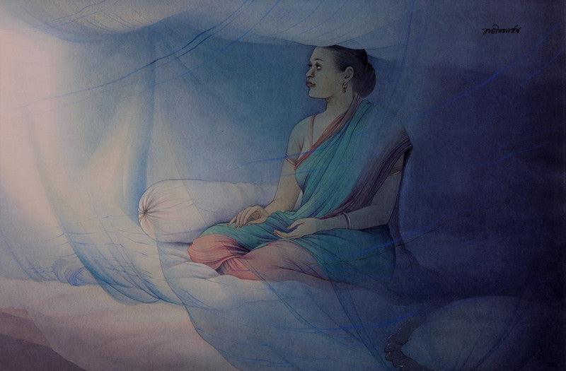 Figurative watercolor painting titled 'Good Morning', 15x22 inches, by artist Rajib Gain on Paper
