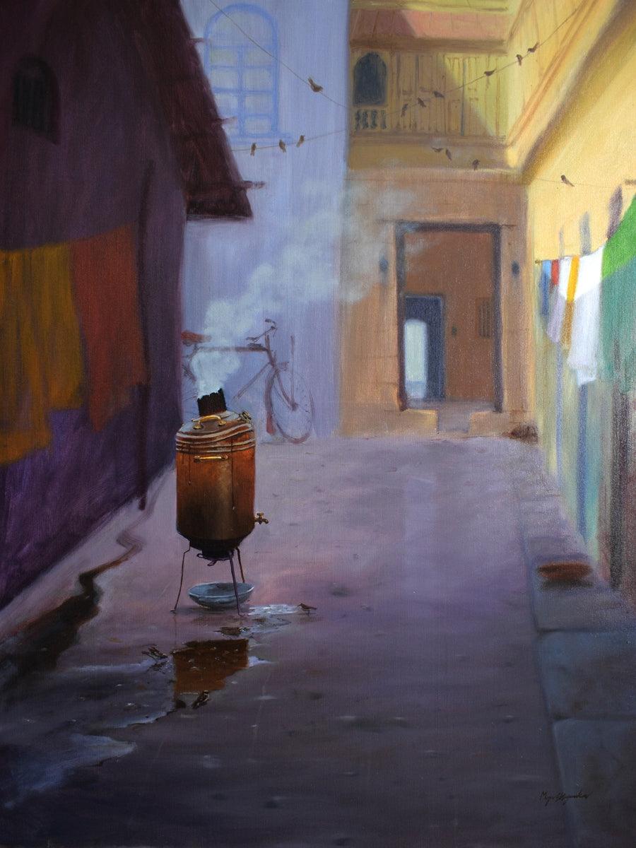 contemporary oil painting titled 'Good Morning', 48x36 inches, by artist Mayur Heganekar on canvas