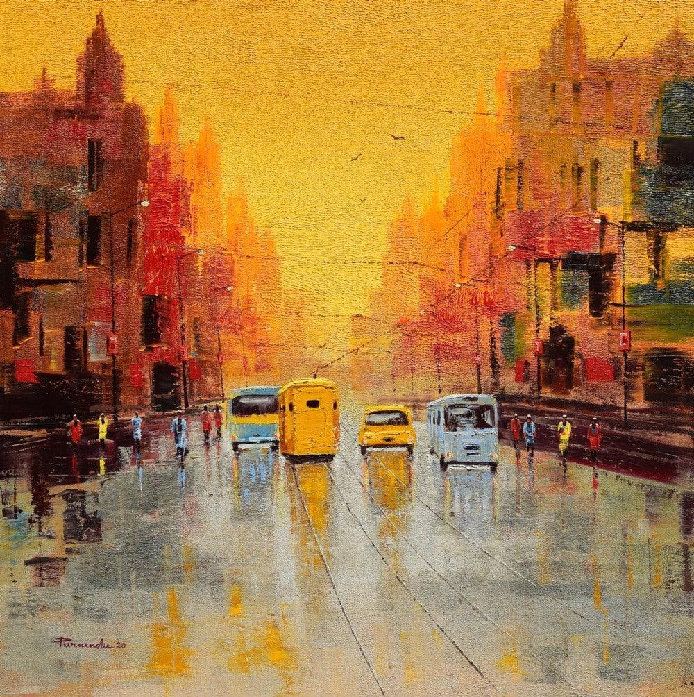 Cityscape oil painting titled 'Good Morning Kolkata', 36x36 inches, by artist Purnendu Mandal on Canvas
