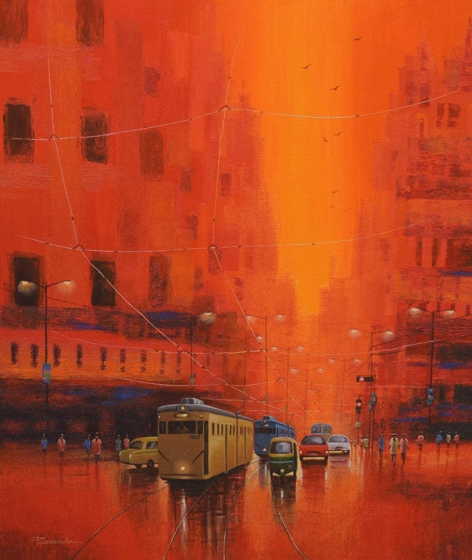 Cityscape acrylic painting titled 'Good Morning Kolkata', 36x30 inches, by artist Purnendu Mandal on Canvas