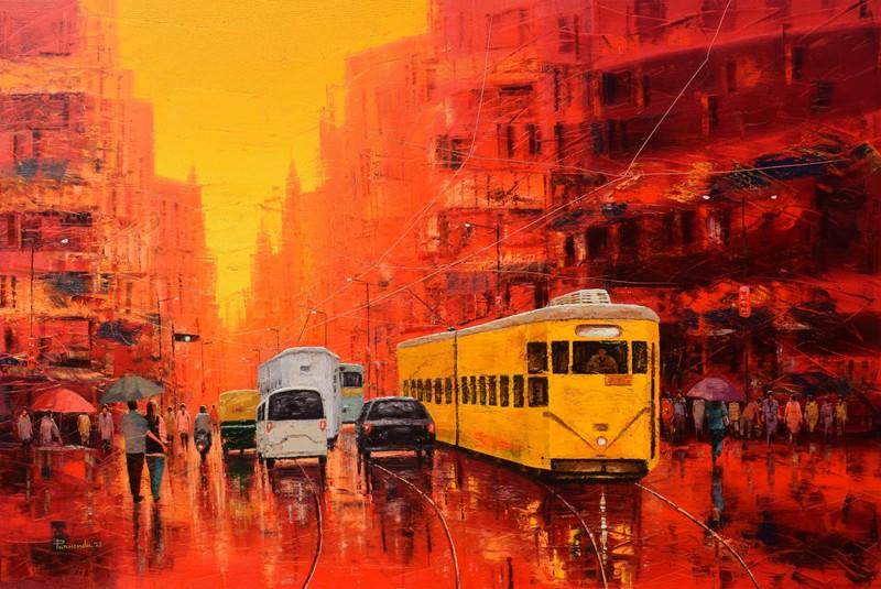 Cityscape oil painting titled 'Good Morning Kolkata', 48x72 inches, by artist Purnendu Mandal on Canvas