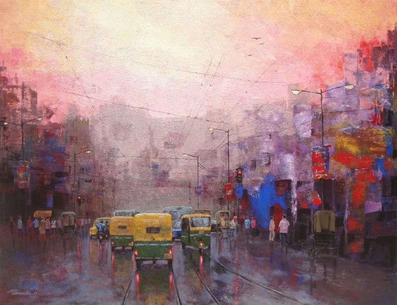 Cityscape acrylic painting titled 'Good Morning Kolkata II', 48x36 inches, by artist Purnendu Mandal on Canvas