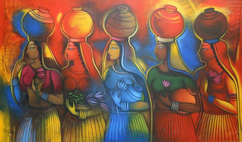 Religious acrylic painting titled 'Gopis', 35x60 inches, by artist Balaji Ubale on Canvas