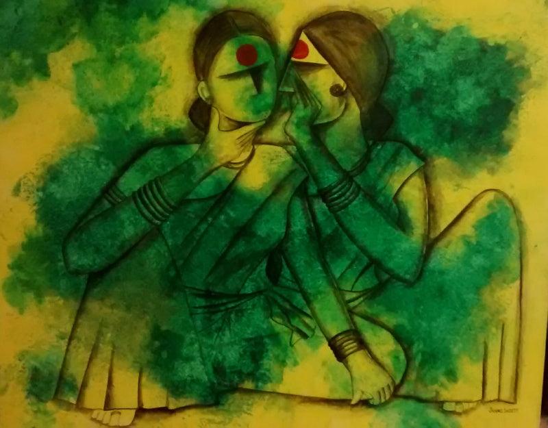 Figurative acrylic painting titled 'Gossip', 24x30 inches, by artist Janaki Injety on Canvas