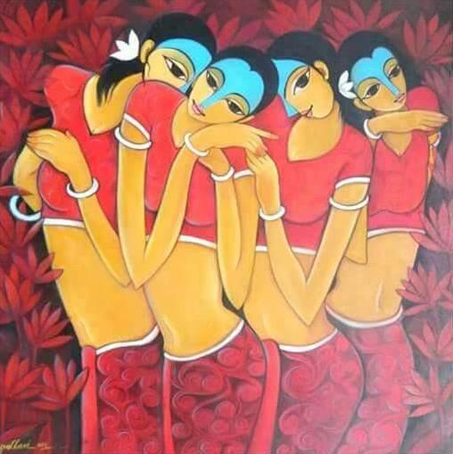 Figurative oil painting titled 'Gossip', 36x36 inches, by artist Pallavi Walunj on Canvas