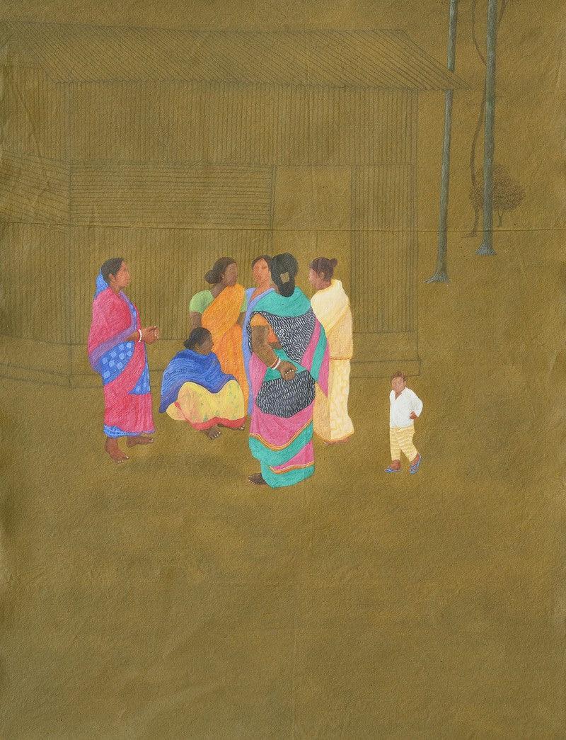 Figurative acrylic charcoal painting titled 'Gossip', 52x42 inches, by artist Santanu Debnath on Canvas