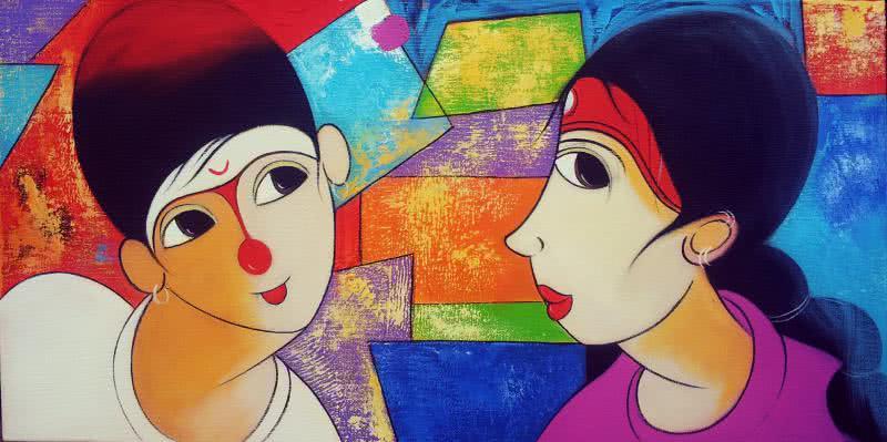 Anime acrylic painting titled 'Gossip', 12x24 inches, by artist Dnyaneshwar Bembade on Canvas