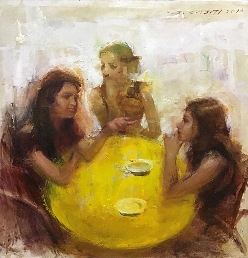 Figurative oil painting titled 'Gossip', 24x24 inches, by artist SURABHI GULWELKAR on Linen