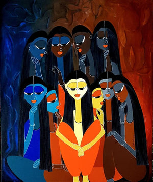 Figurative acrylic painting titled 'Gossip', 36x30 inches, by artist Rangoli Garg on Canvas