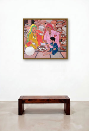 Gossip (Pottery Market) by artist Gopal Nandurkar displayed in a Japandi Library