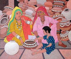 Gossip (Pottery Market) by Gopal Nandurkar, Original Acrylic Figurative Painting on Canvas, Medium Horizontal Wall Art