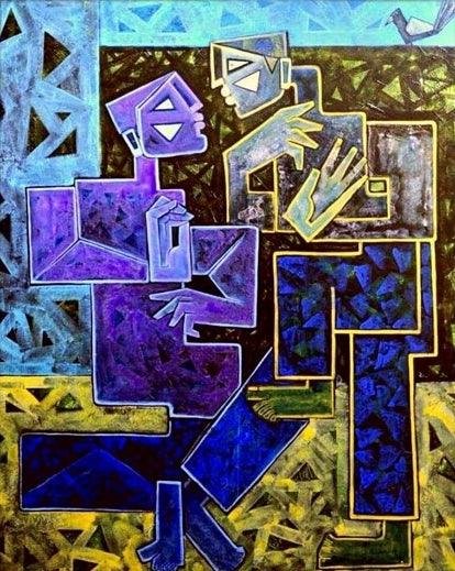 Figurative acrylic painting titled 'Gossip', 60x48 inches, by artist Amit Rajvanshi on Canvas