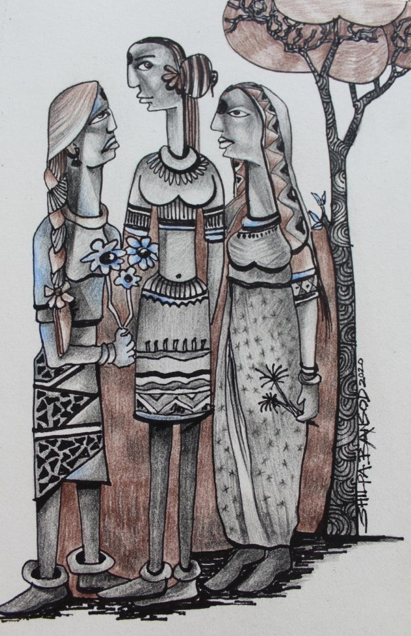Figurative mixed media drawing titled 'Gossiping', 11x7 inches, by artist Shilpa Bansod on Paper