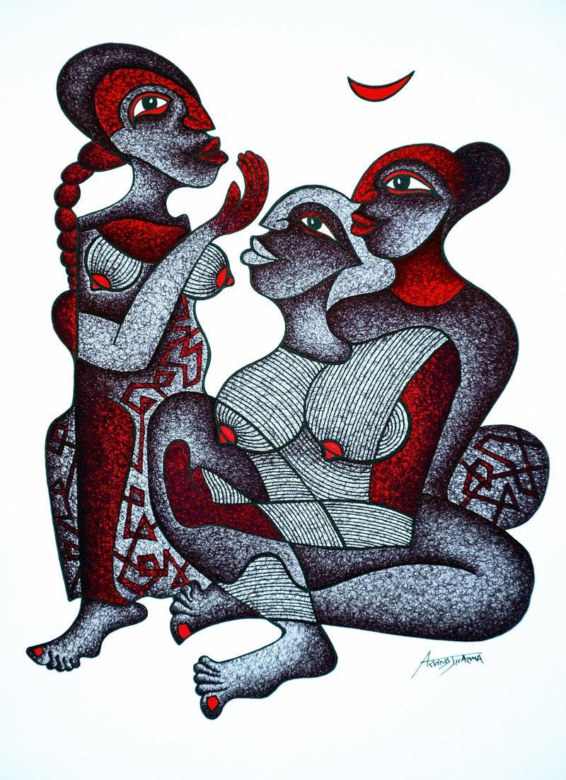 Figurative pen drawing titled 'Gossiping Girls', 12x8 inches, by artist Arvind Sharma on Paper