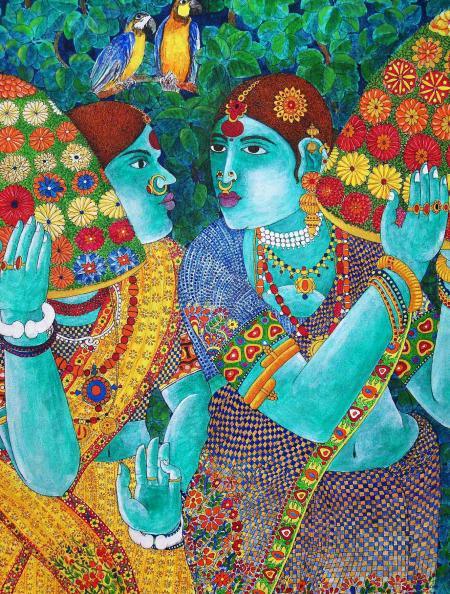 Figurative acrylic painting titled 'Gossiping Women', 15x20 inches, by artist Bhawandla Narahari on Canvas