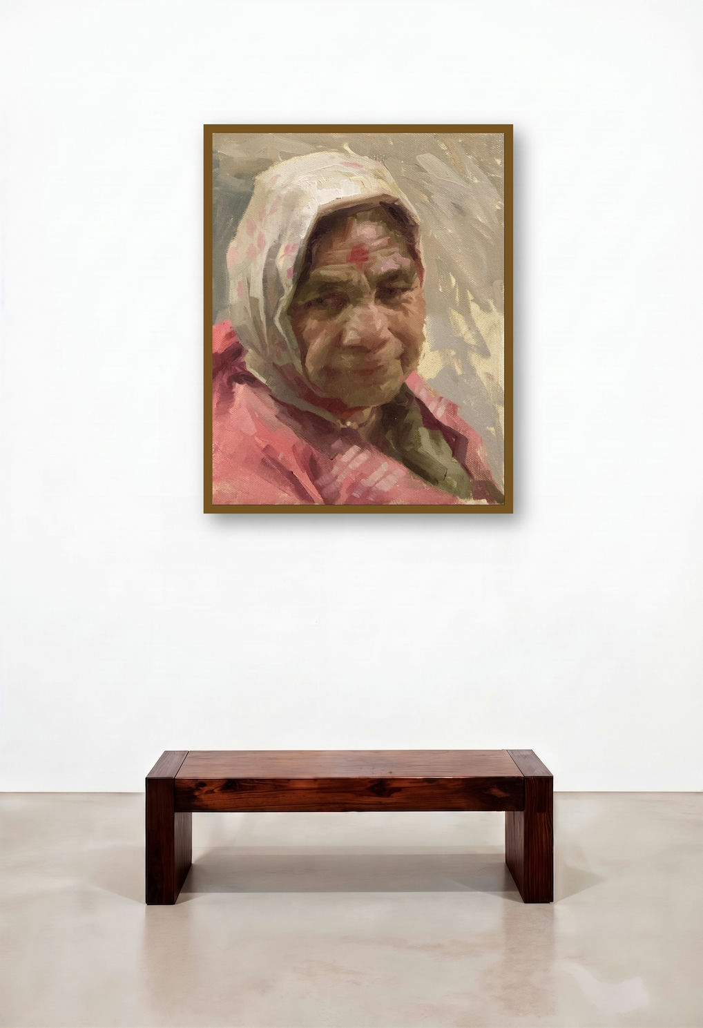 Grandmother by artist Abhijeet Patole displayed in a Modern Reception Area