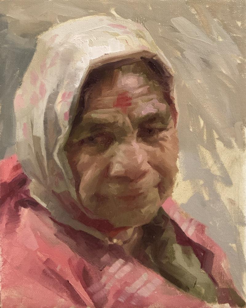 Portrait oil painting titled 'Grandmother', 22x18 inches, by artist Abhijeet Patole on Canvas