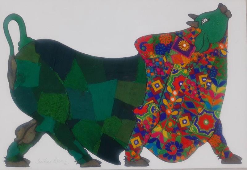 Animals mixed media painting titled 'Green Bull', 15x22 inches, by artist Sreekanth Kurva on Canvas Board