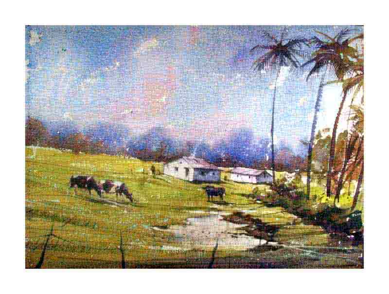 Landscape watercolor painting titled 'Green Field', 15x11 inches, by artist Amit Kapoor on Handmade Paper