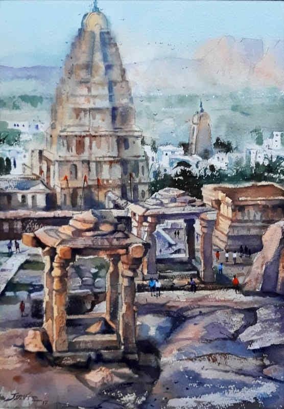 Religious watercolor painting titled 'Hampi', 16x11 inches, by artist Jitendra Divte on Paper