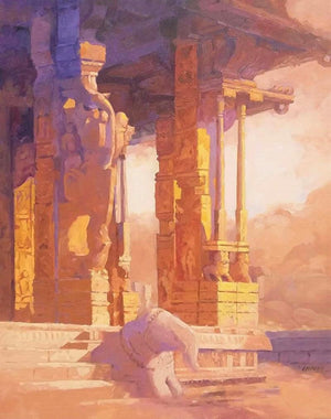 Religious acrylic painting titled 'Hampi', 30x24 inches, by artist Mohan Charya on Canvas