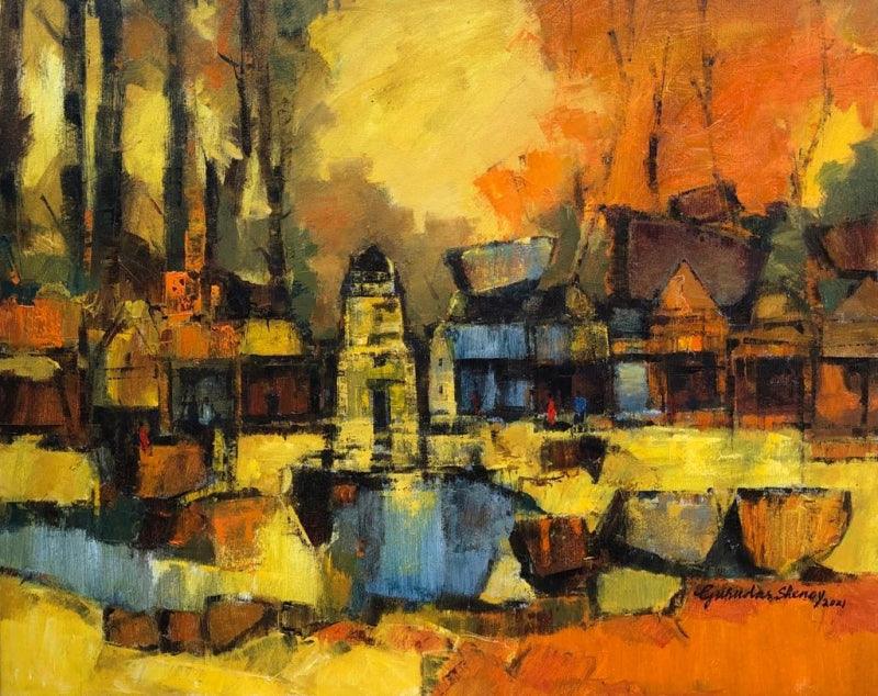 Cityscape oil painting titled 'Hampi', 24x30 inches, by artist Gurudas Shenoy on Canvas
