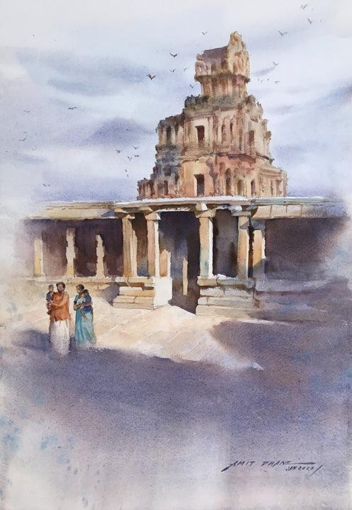 Religious watercolor painting titled 'Hampi Temple', 20x14 inches, by artist Amit Dhane on Paper