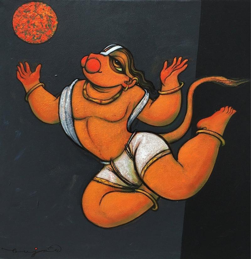 Religious acrylic painting titled 'Hanuman', 24x24 inches, by artist Ramesh Gujar on Canvas