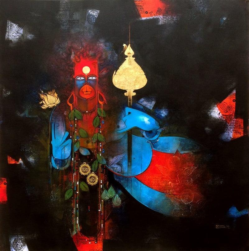 Religious acrylic painting titled 'Hanuman Ji', 48x48 inches, by artist Amol Pawar on Canvas